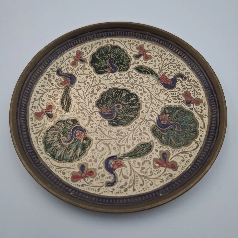 Vtg Hand-Etched Brass Trinket Plate Enamel Peacock Pheasant Floral 4